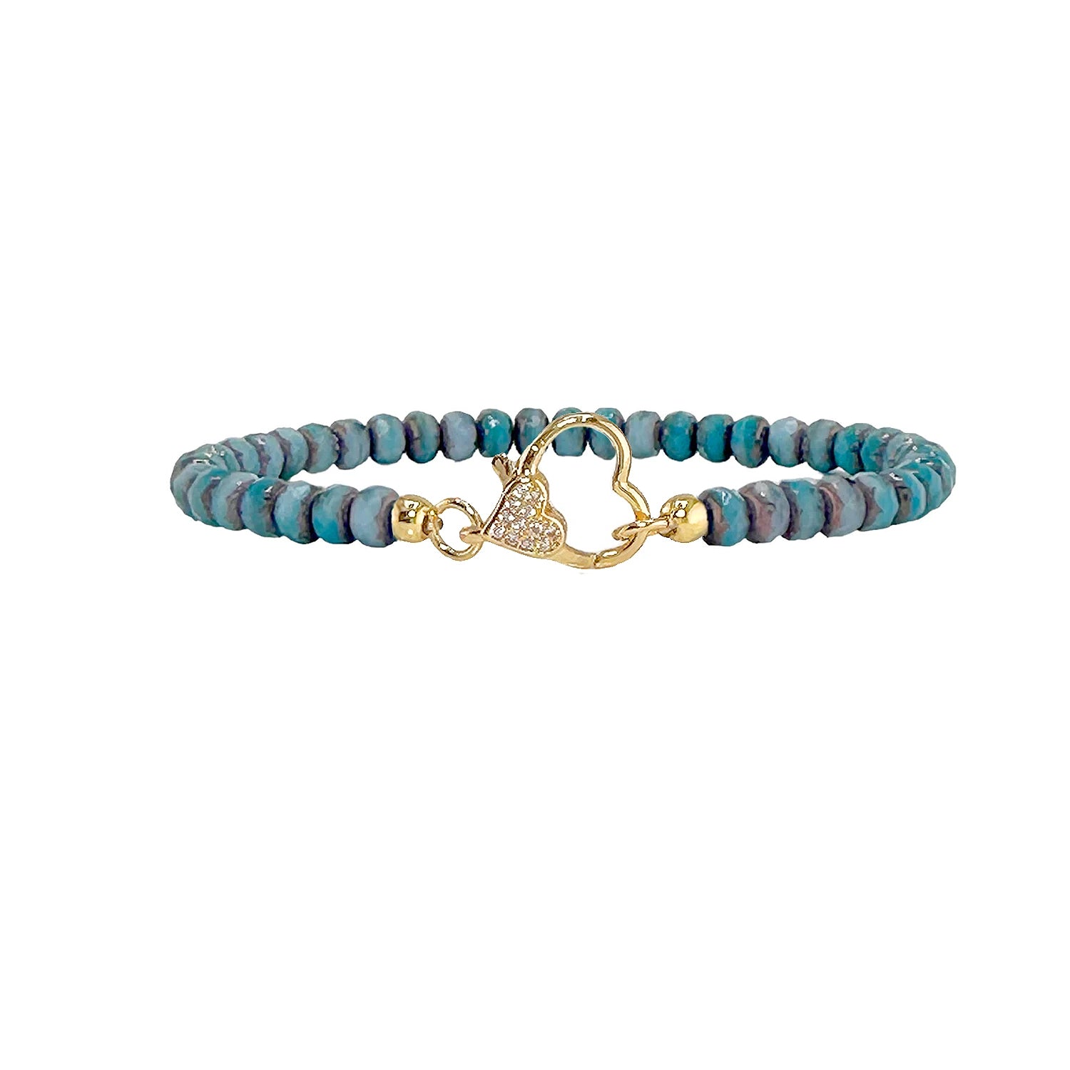 Turquoise beaded bracelet with a gold heart clasp on a white background
