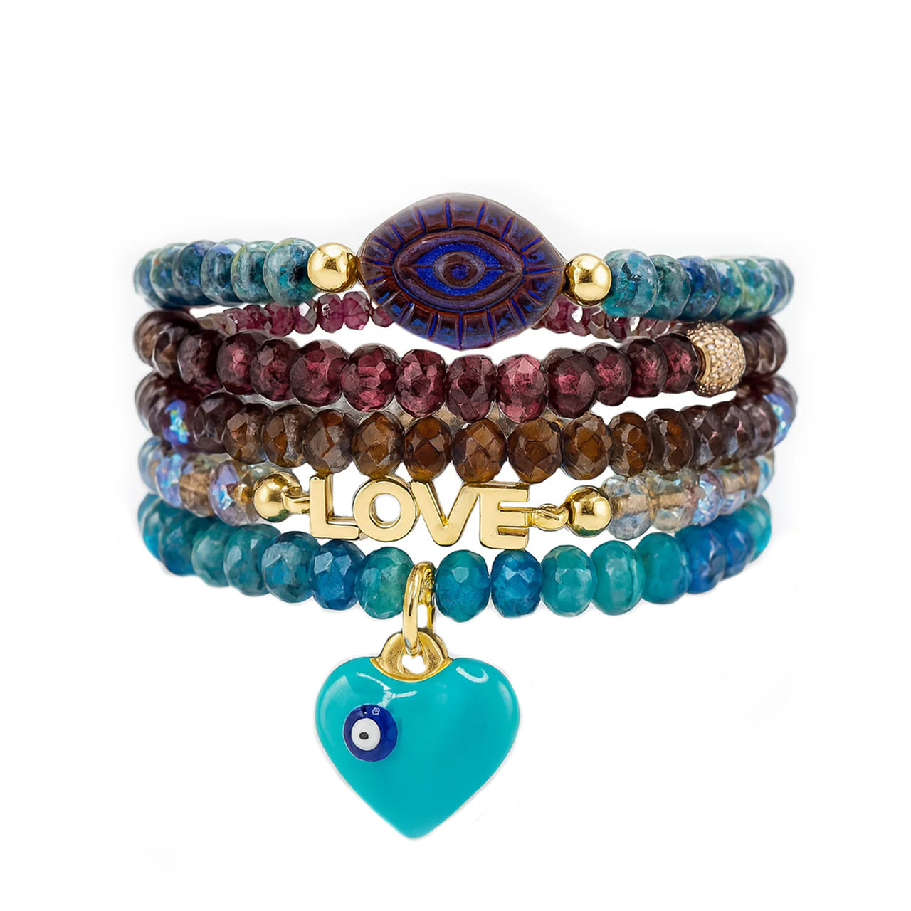 Stack of colorful beaded bracelets with eye and heart charms on a white background