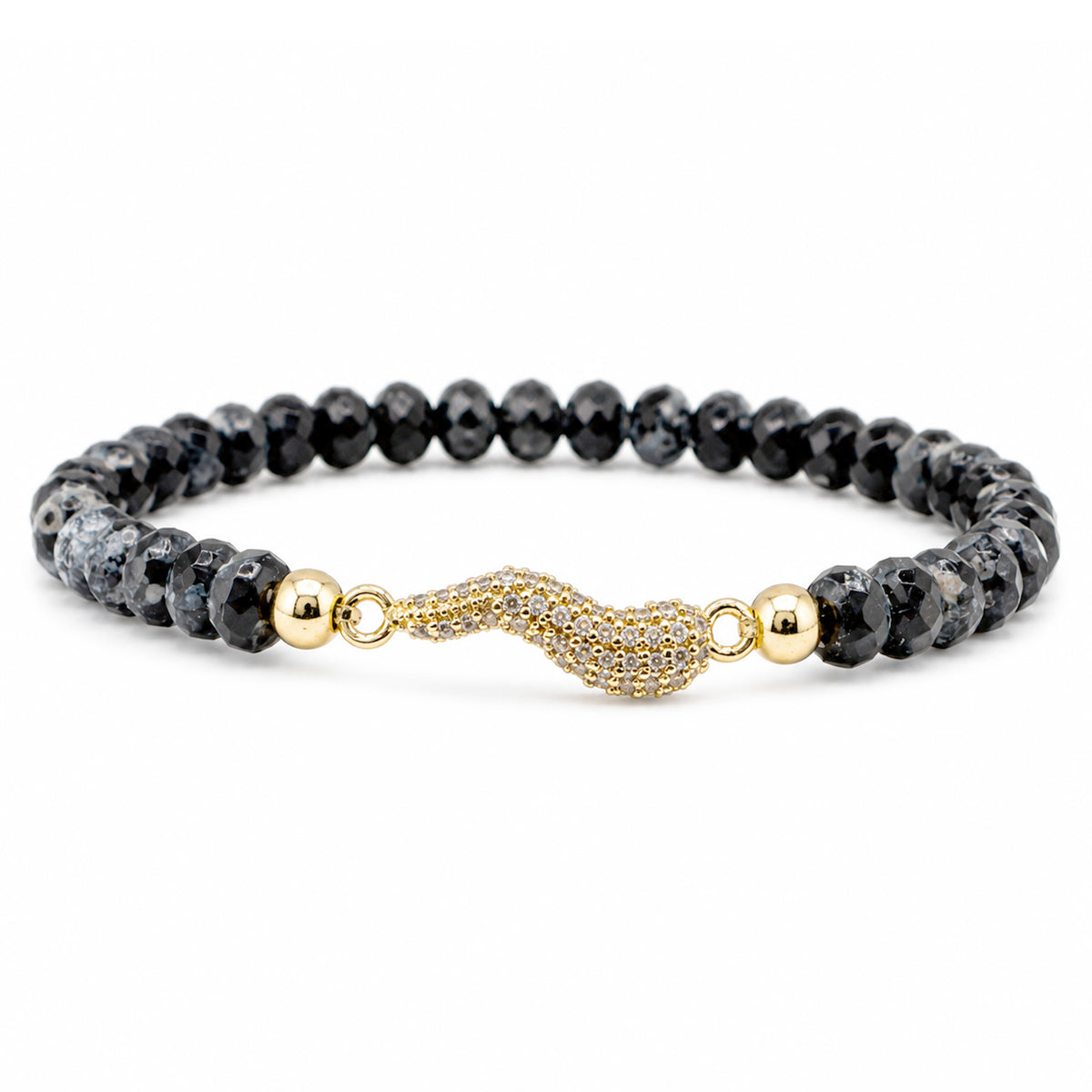 Harper Italian Horn Beaded Bracelet in Black with faceted Czech crystal beads and gold pave Italian horn