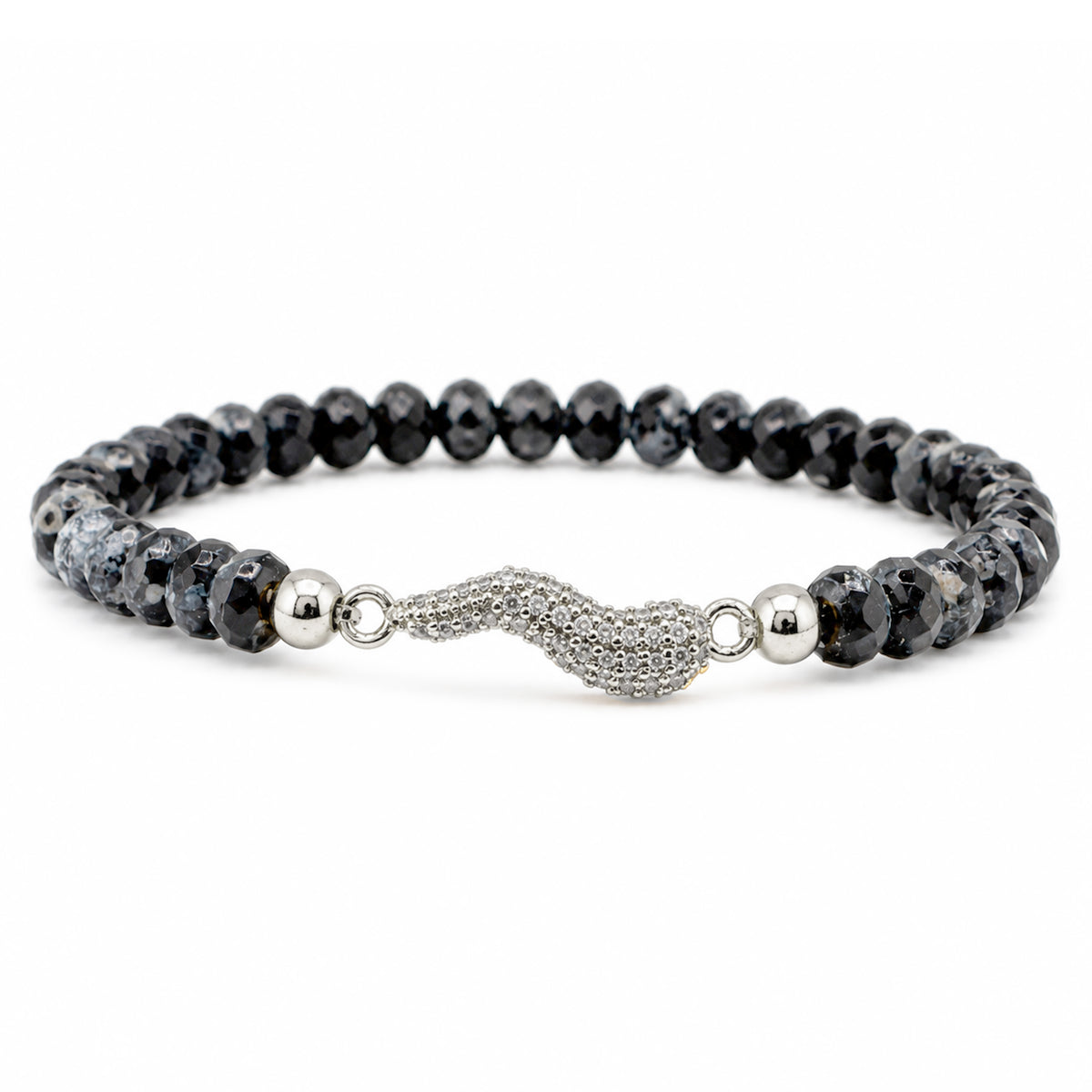 Harper Italian Horn Beaded Bracelet in Black with faceted Czech crystal beads and silver pave Italian horn