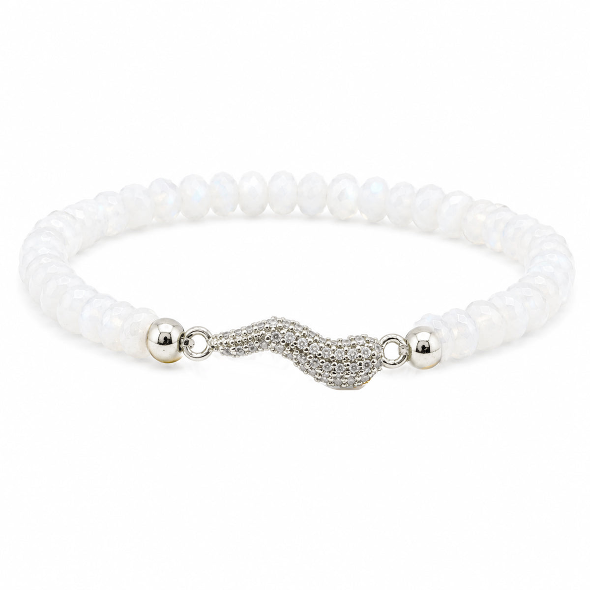 Harper Italian Horn Beaded Bracelet in Sheer White with faceted Czech crystal beads and silver pave Italian horn