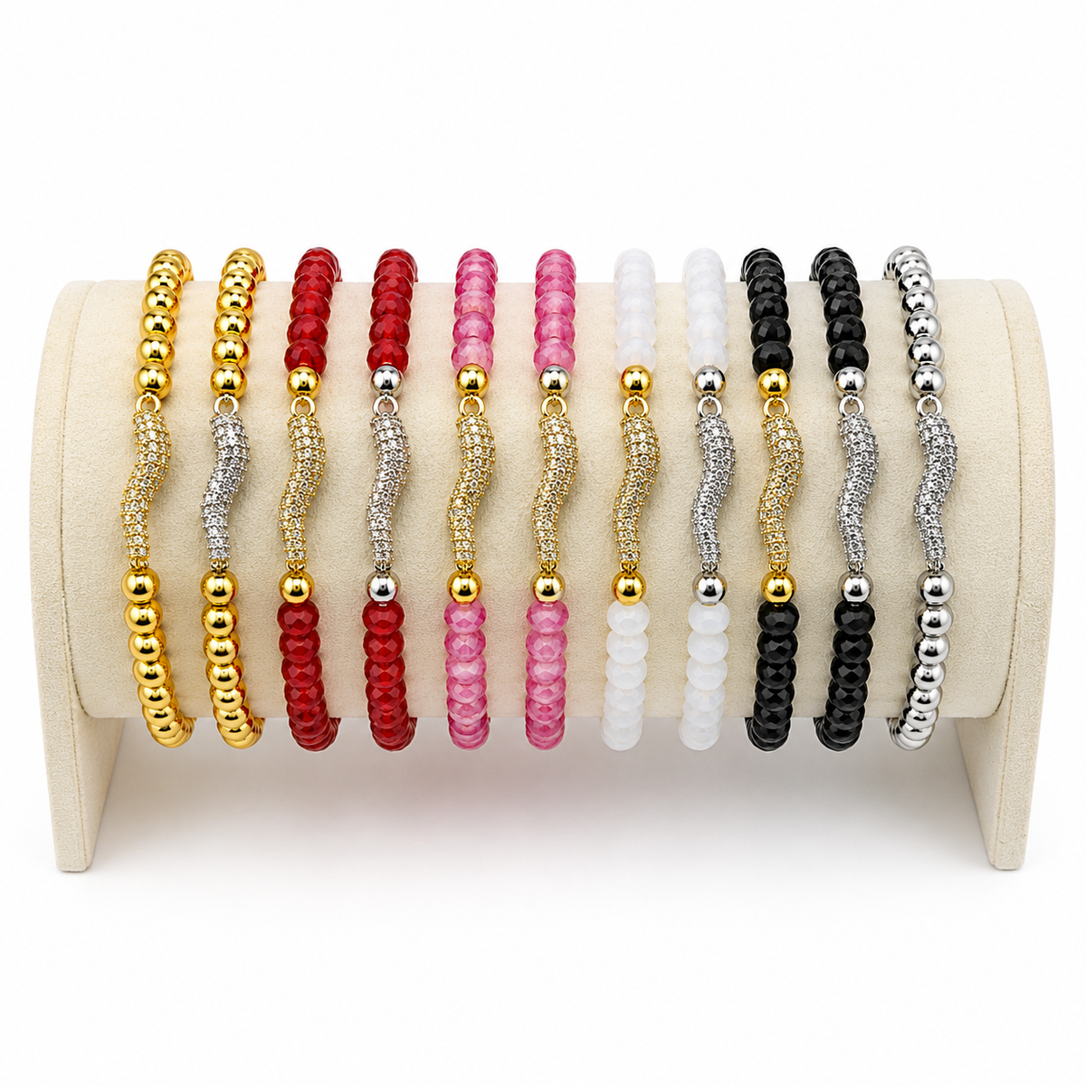Love Lisa Harper Italian Horn Beaded Bracelets displayed in crystal and metal bead color options with gold and silver Italian horns