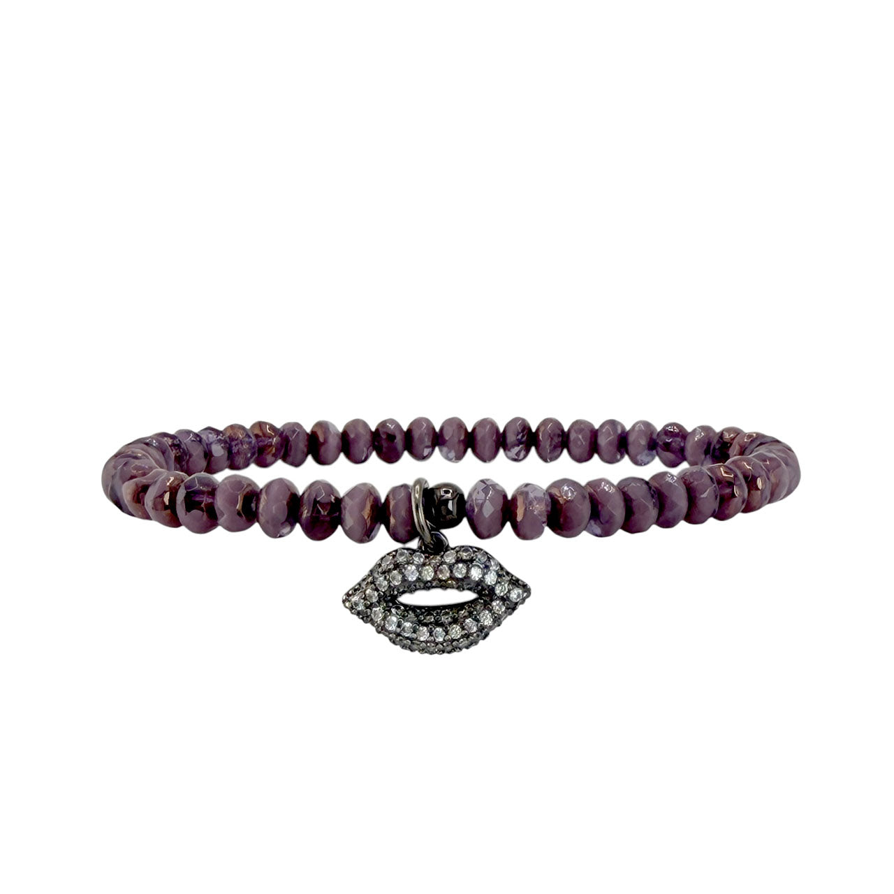 Harper Kisses Bracelet purple grape Czech bead stretch bracelet with gunmetal pavé lips charm