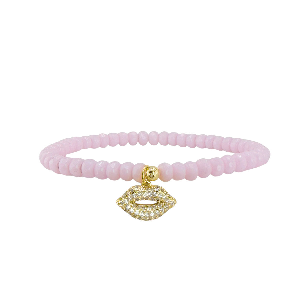 Love Lisa Harper Kisses Bracelet misty rose Czech bead stretch bracelet with gold pavé lips charm