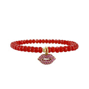 Harper Kisses Bracelet red Czech bead stretch bracelet with pink pavé lips charm