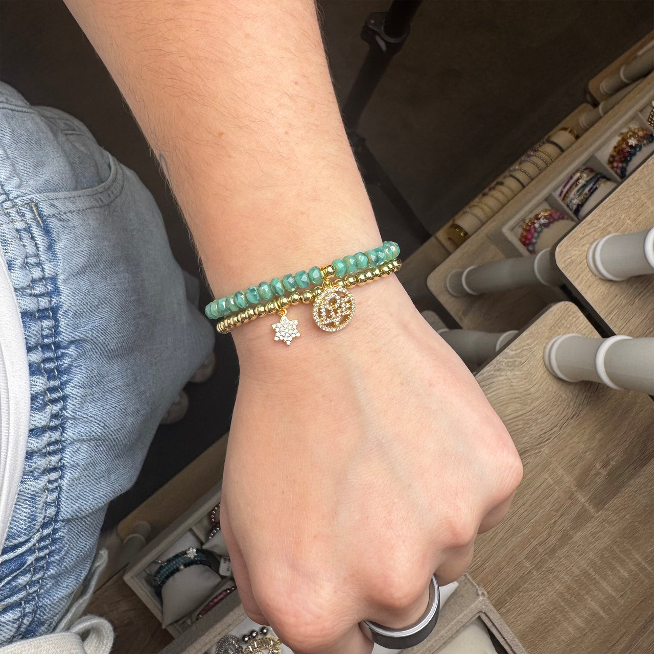 harper love bracelet in green styled with a star of david charm bracelet love lisa
