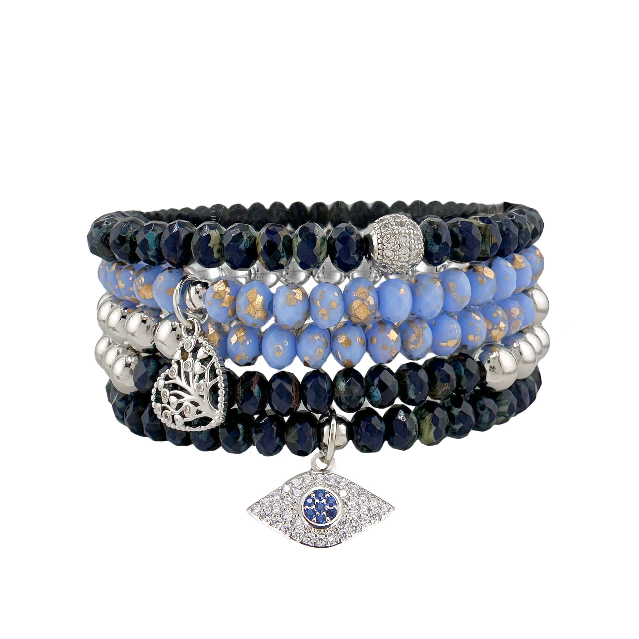 Harper Love Your Family silver bracelet stack with blue beads and evil eye charm