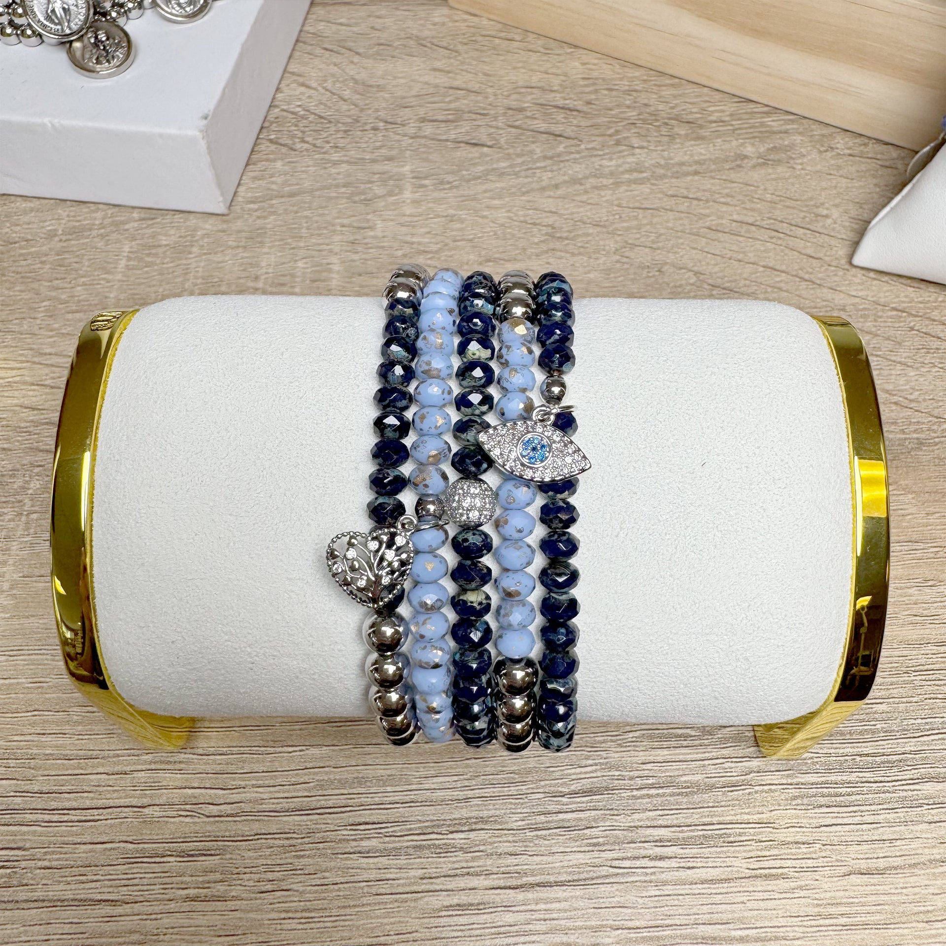 harper love your family bracelet display with navy and blue beaded stack Love Lisa