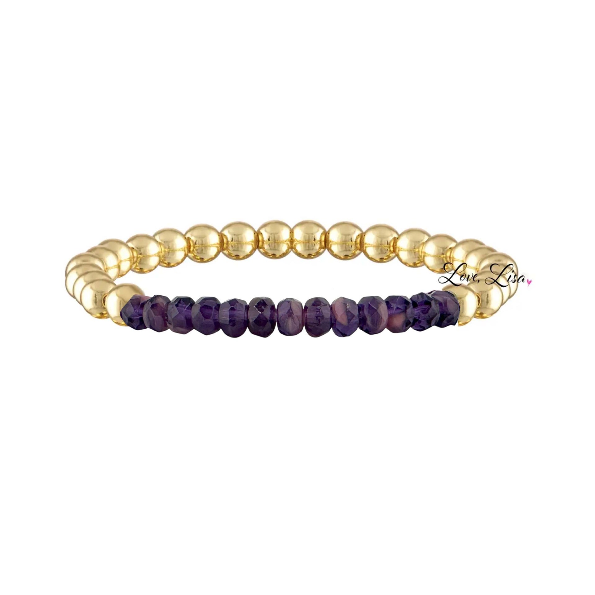 Bracelet with gold beads and purple stones on a white background