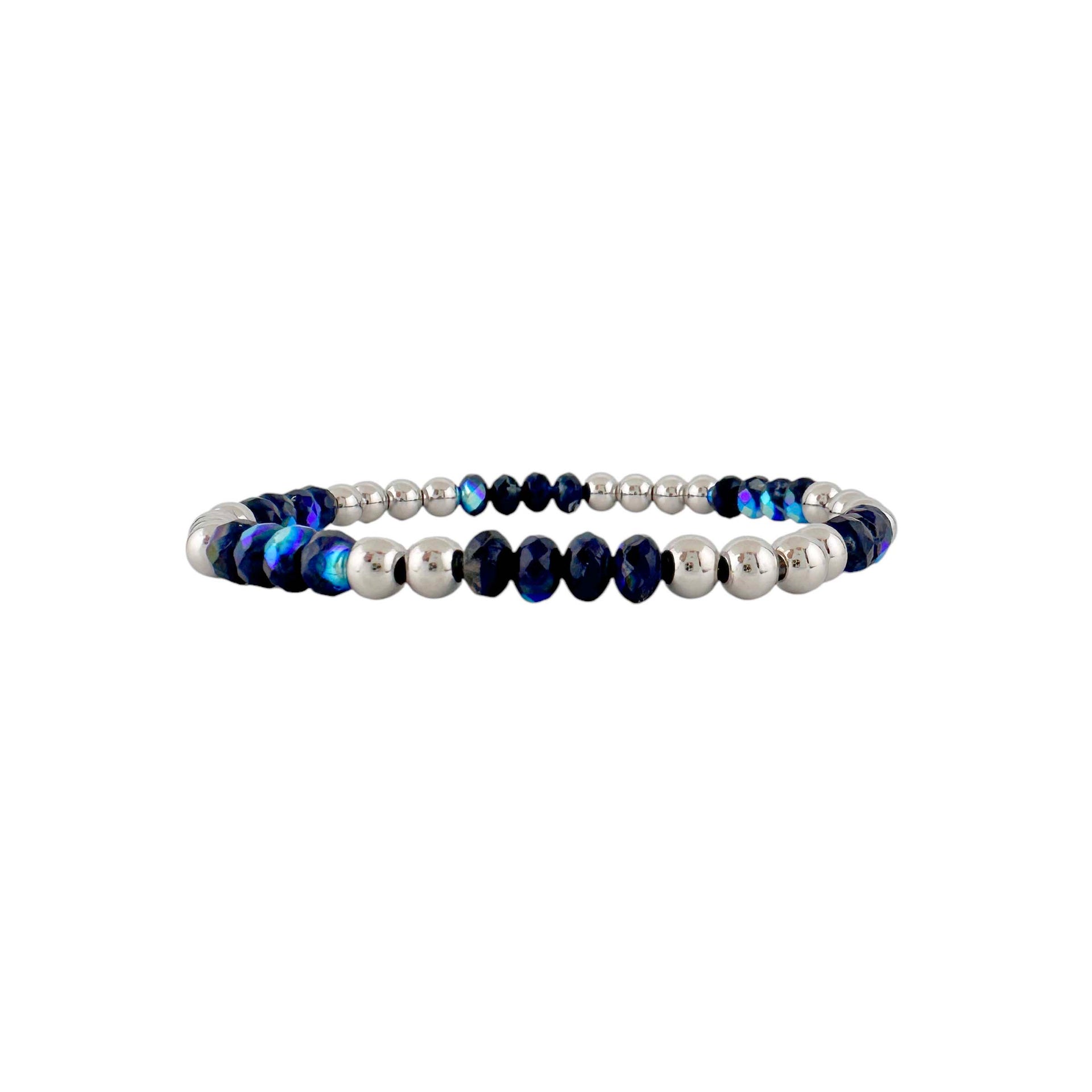 Beaded bracelet with blue and silver beads on a white background