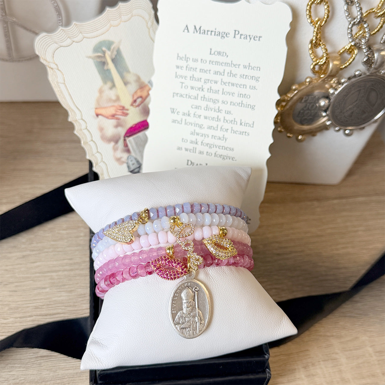 Harper Marriage Prayer Bracelet Collection with Saint Valentine prayer card and faith charm details