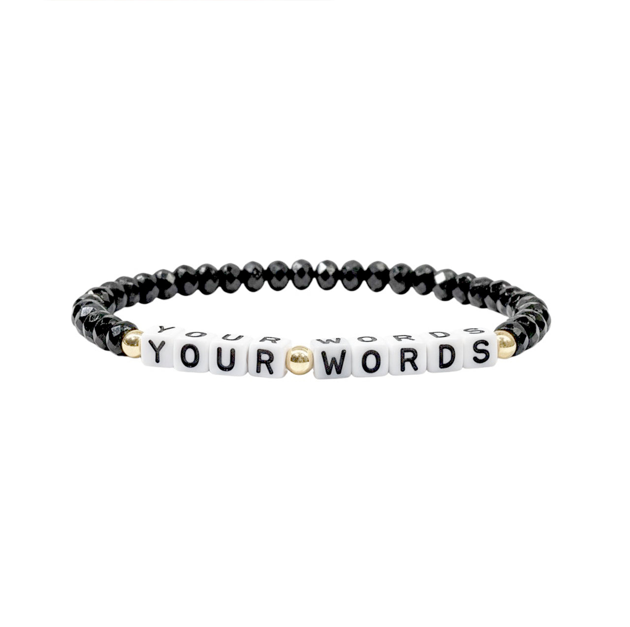love lisa harper personalized word bracelet in black czech crystal beads with white block letter beads spelling your words