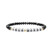 love lisa harper personalized word bracelet in black czech crystal beads with white block letter beads spelling your words