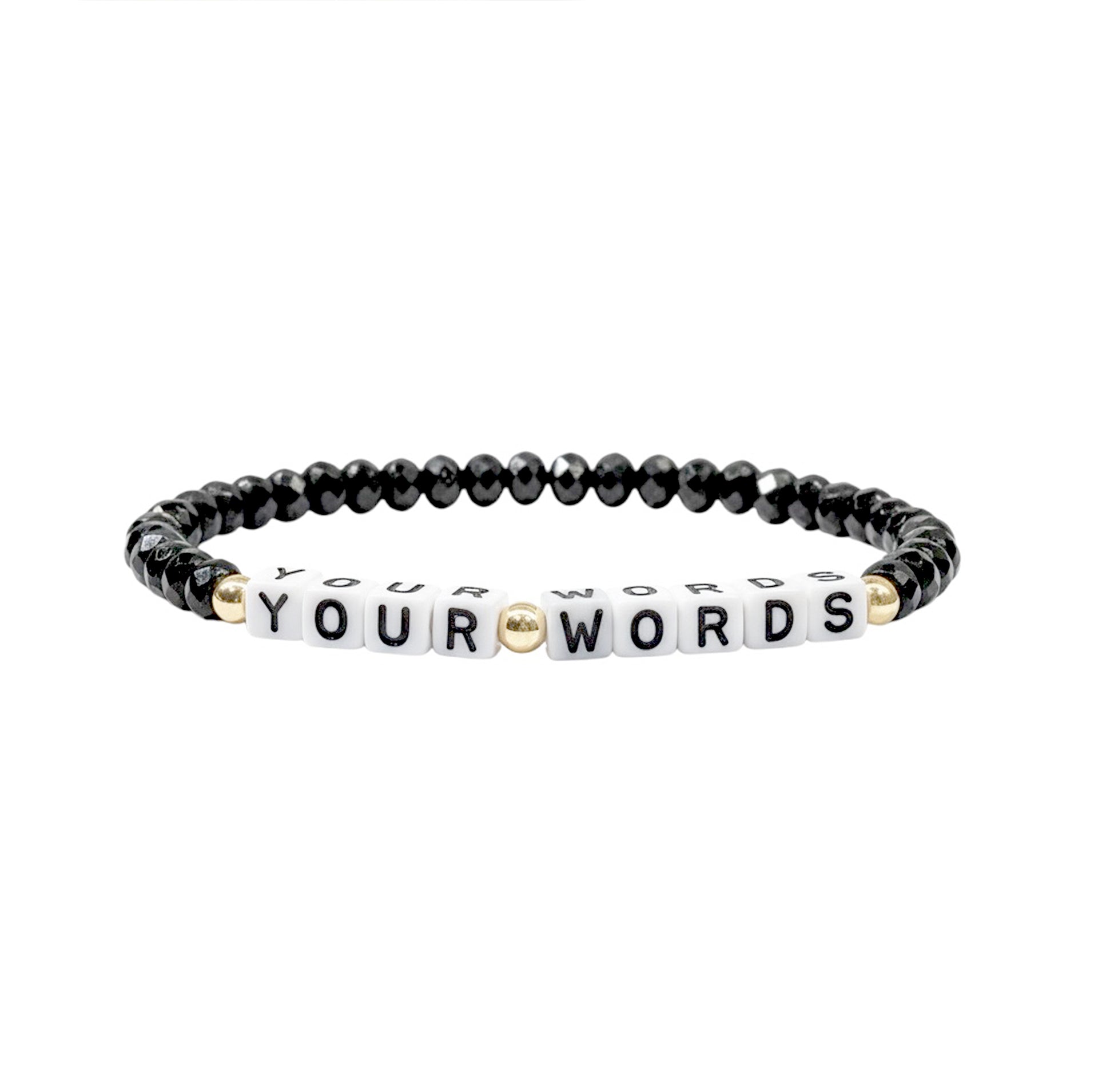 love lisa harper personalized word bracelet in black czech crystal beads with white block letter beads spelling your words