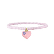 Light pink beaded anklet with pink heart evil eye charm