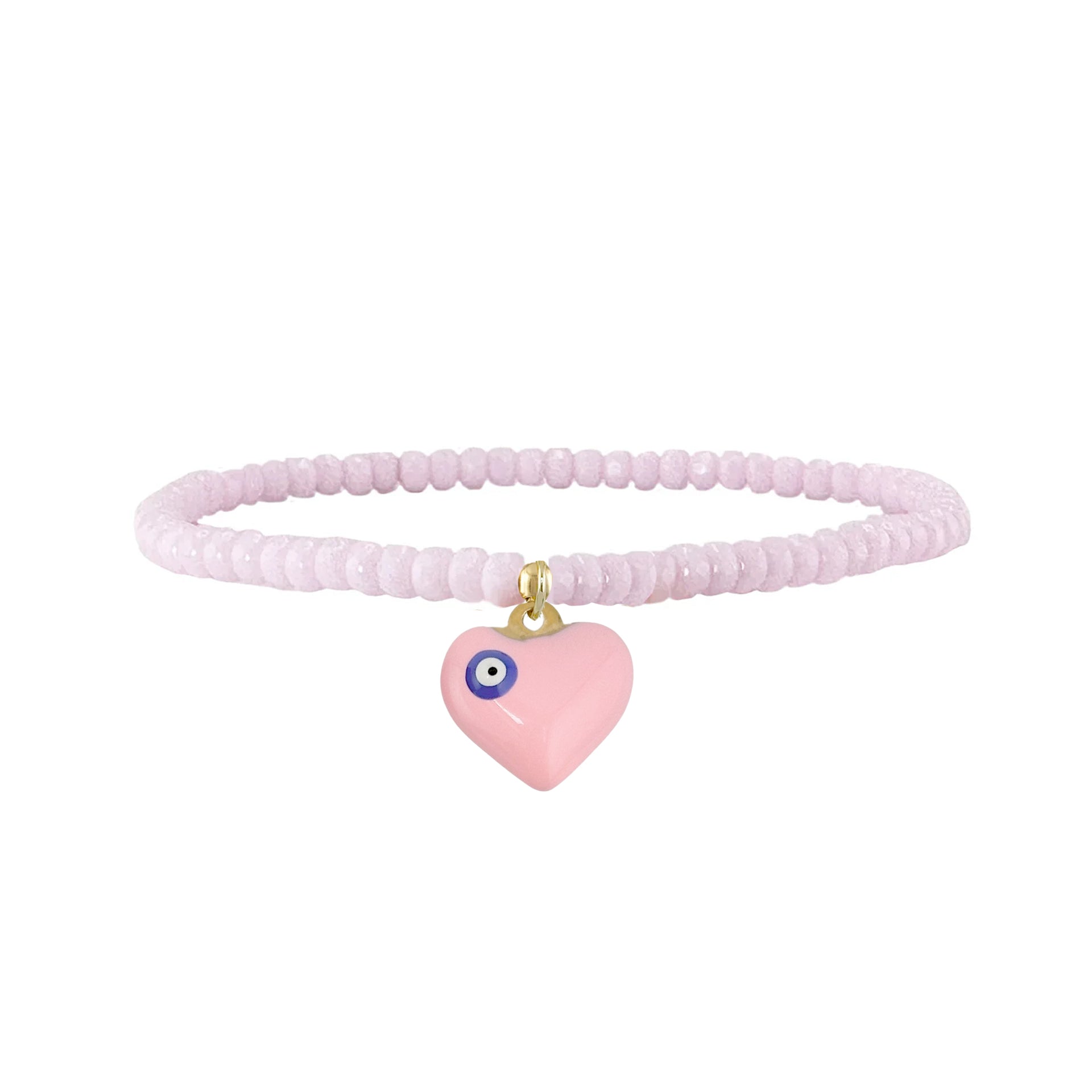 Light pink beaded anklet with pink heart evil eye charm