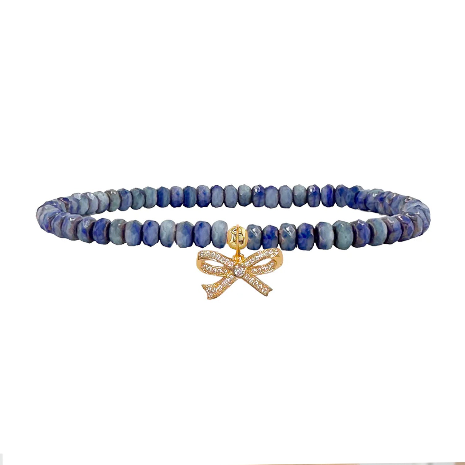 mykonos blue harper pretty cz bow bracelet with ocean blue faceted crystal beads and gold bow charm by Love Lisa