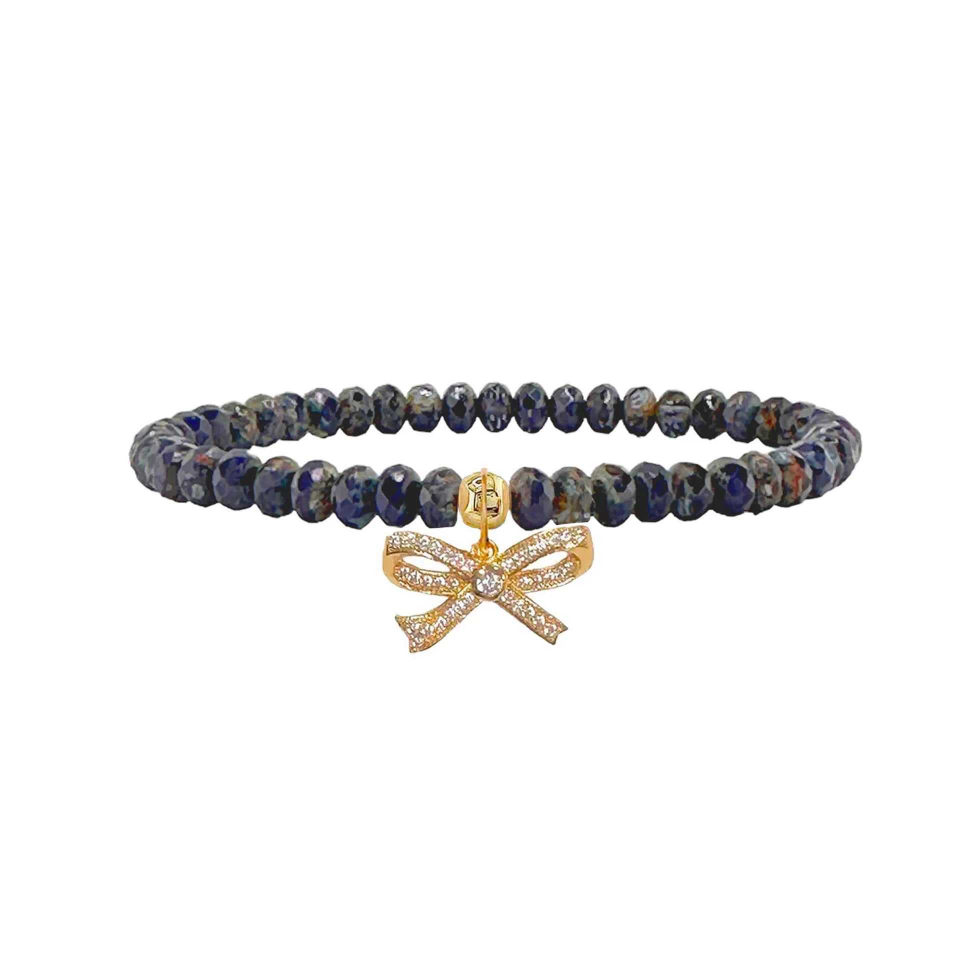 navy harper pretty cz bow bracelet with deep blue crystal beads and gold pave bow charm by Love Lisa