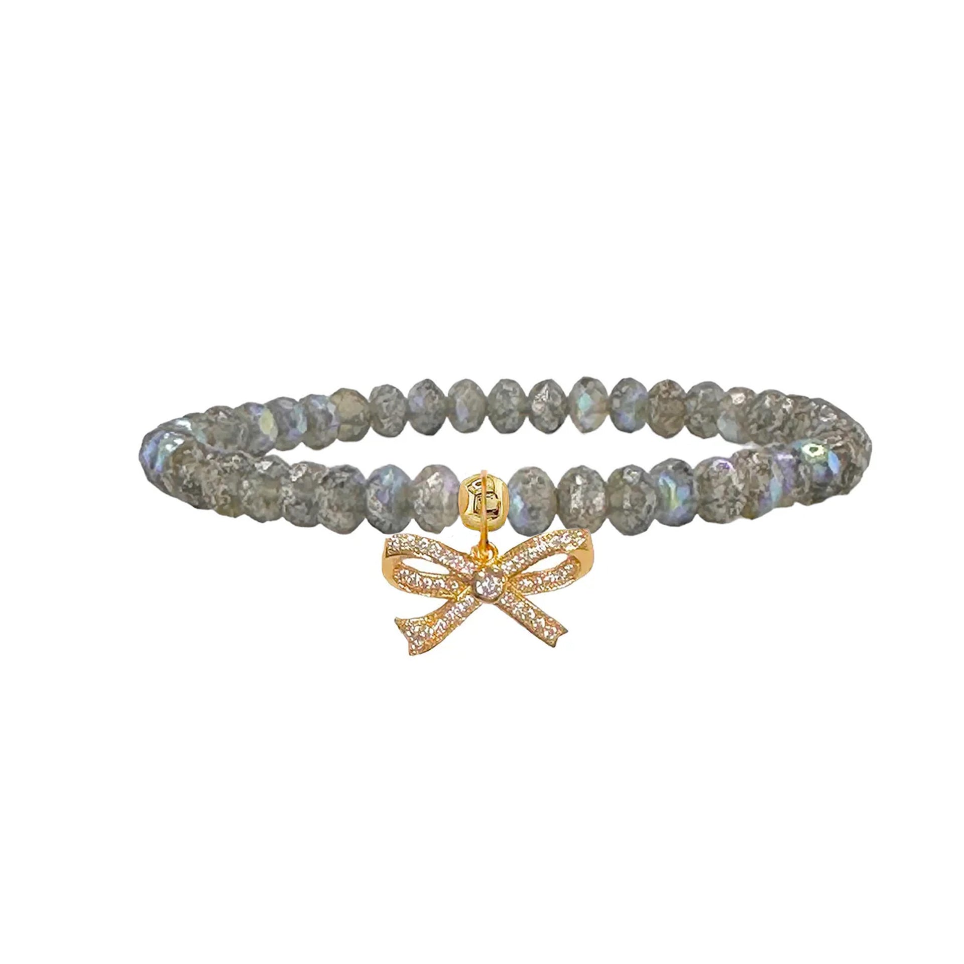 ultimate gray harper pretty cz bow bracelet with neutral faceted crystal beads and silver pave bow charm by Love Lisa jewelry