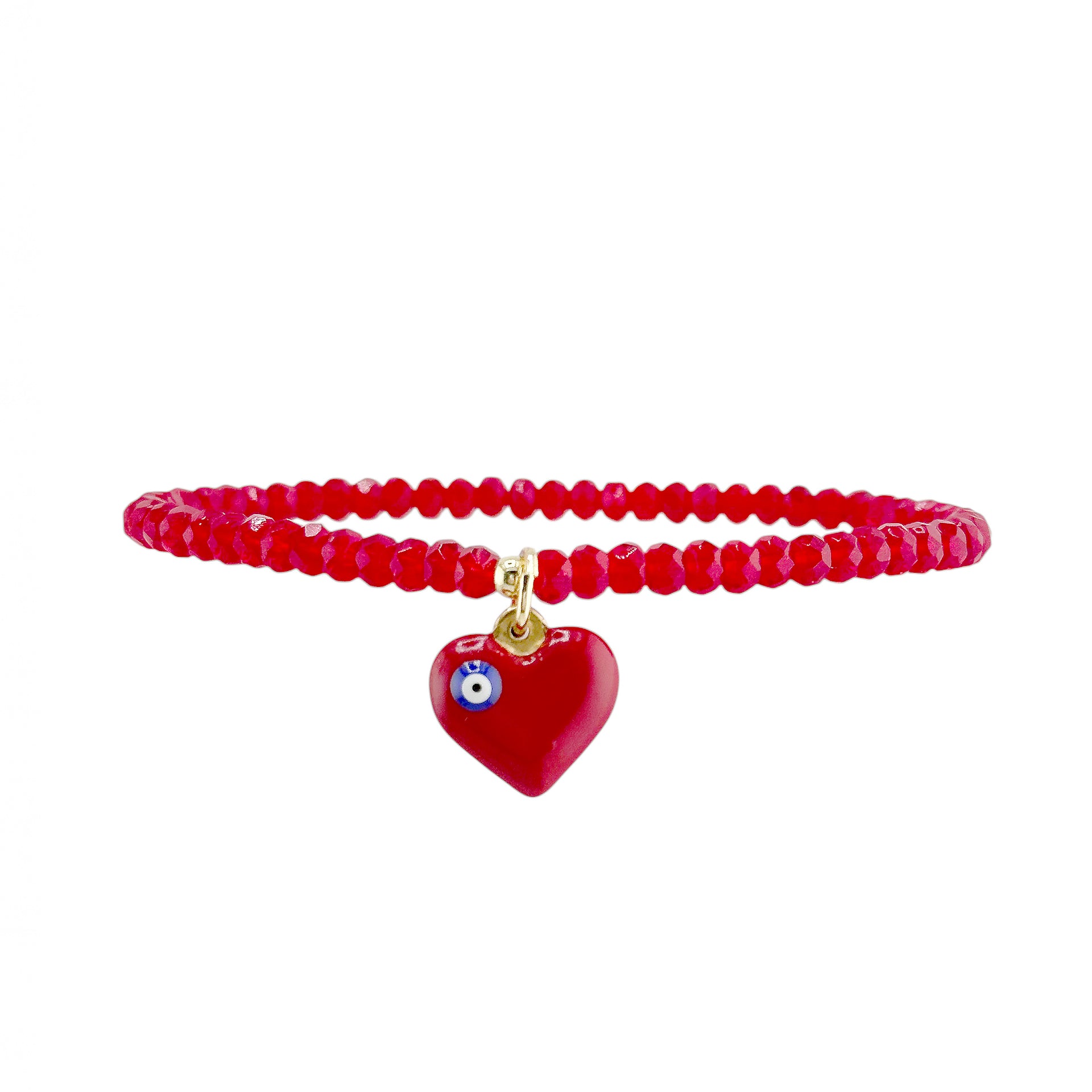Red beaded anklet with red heart evil eye charm