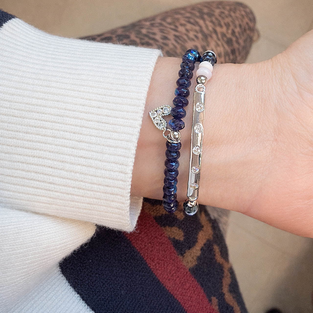 Love Lisa Harper Signature Rhinestone Bar Bracelet worn on wrist layered Harper beaded bracelet