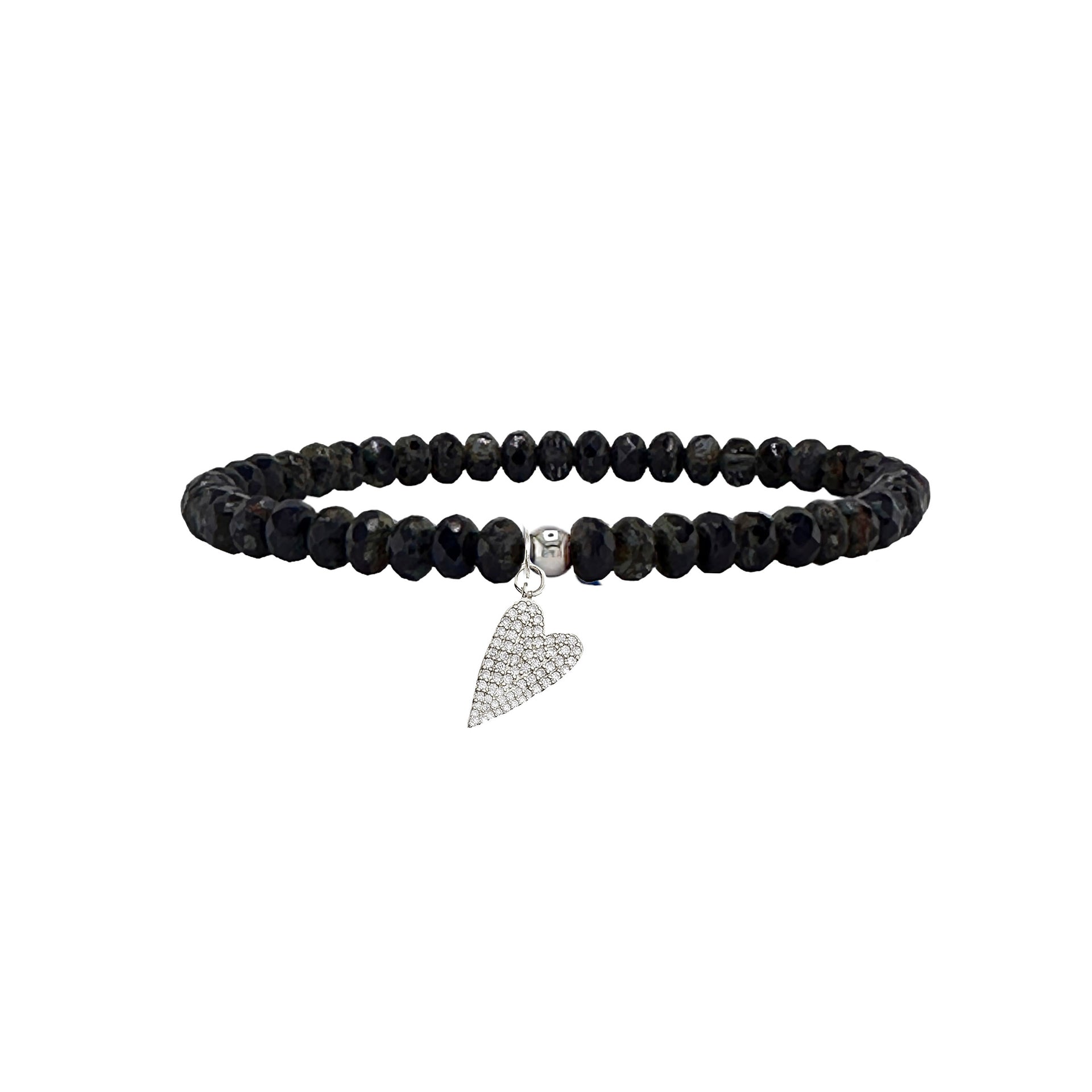 black harper slanted heart beaded bracelet with faceted crystal beads and silver pavé slanted heart charm by Love Lisa