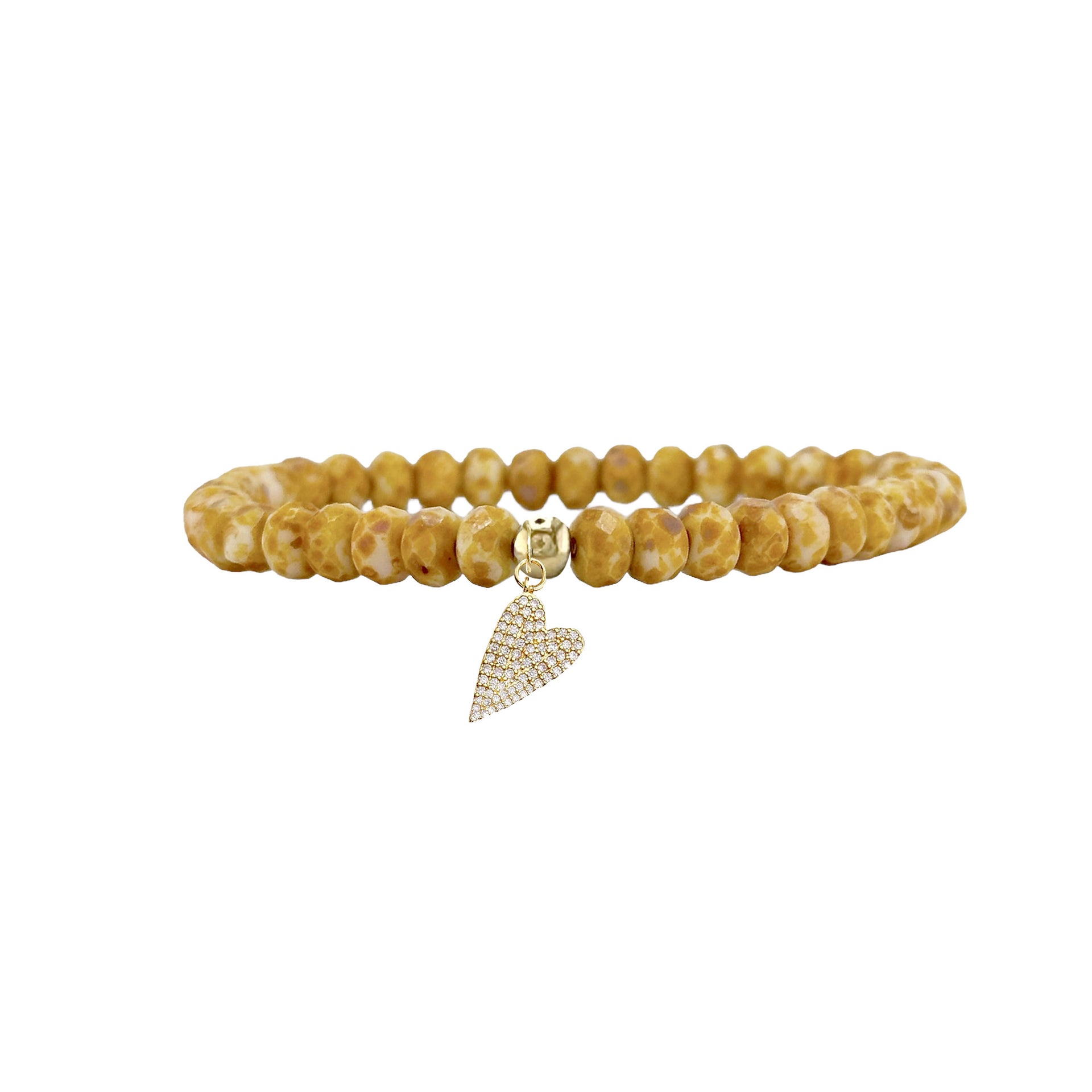 mustard yellow harper slanted heart beaded bracelet with 6mm faceted beads and sparkling gold heart charm by Love Lisa