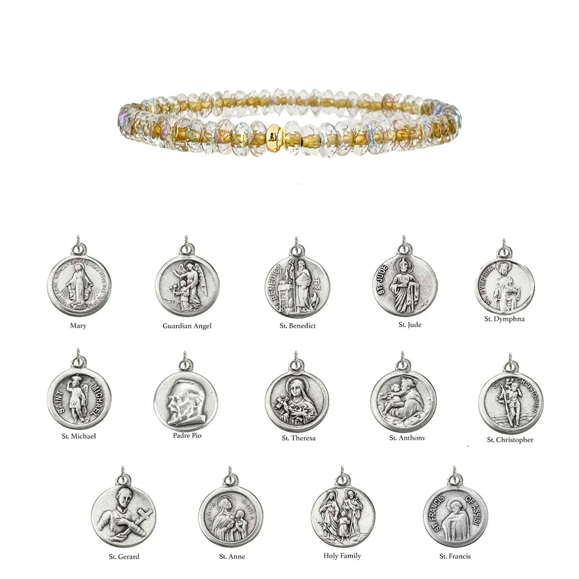 Bracelet with beaded design and various religious medallions on a white background
