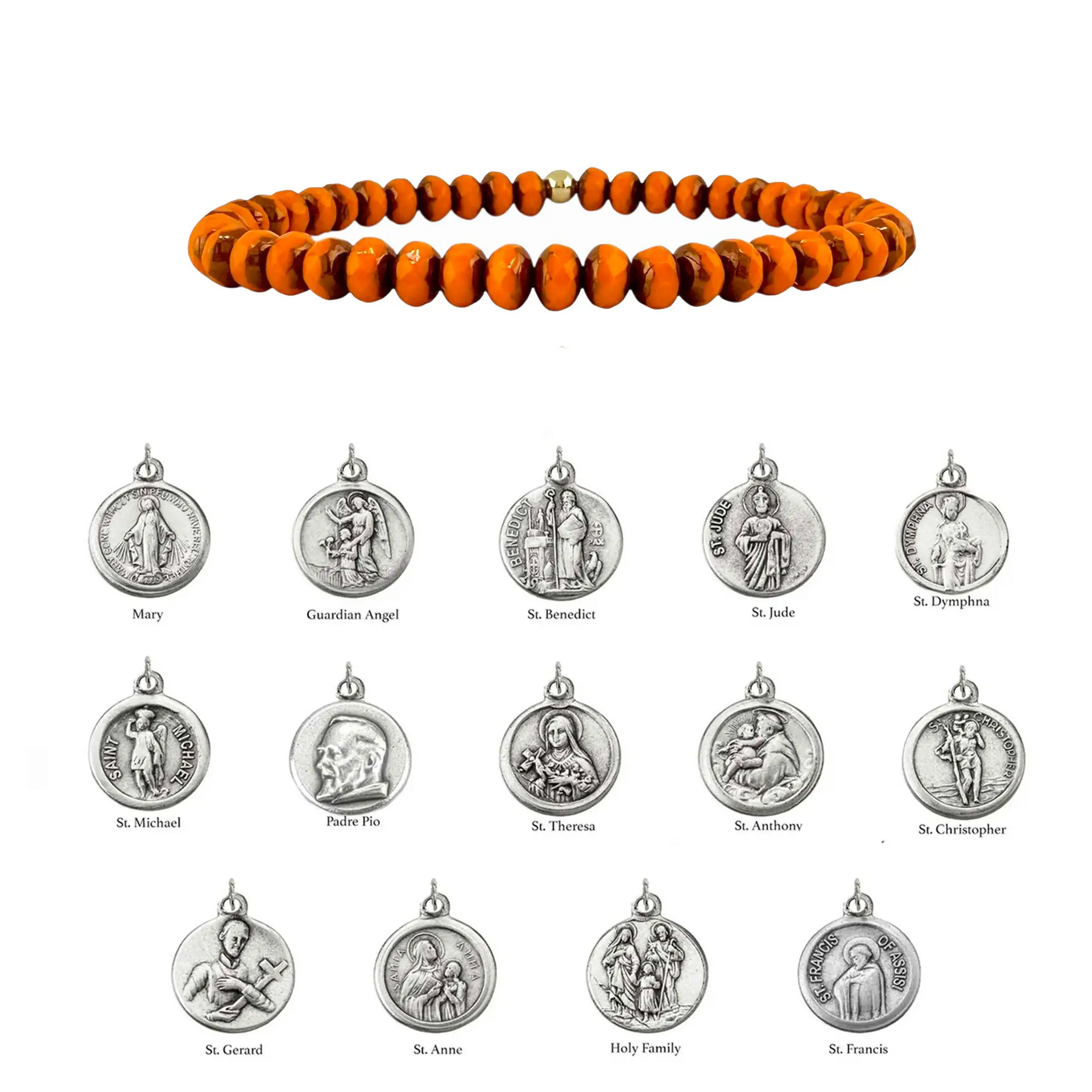 Orange beaded bracelet with silver religious medallions on a white background