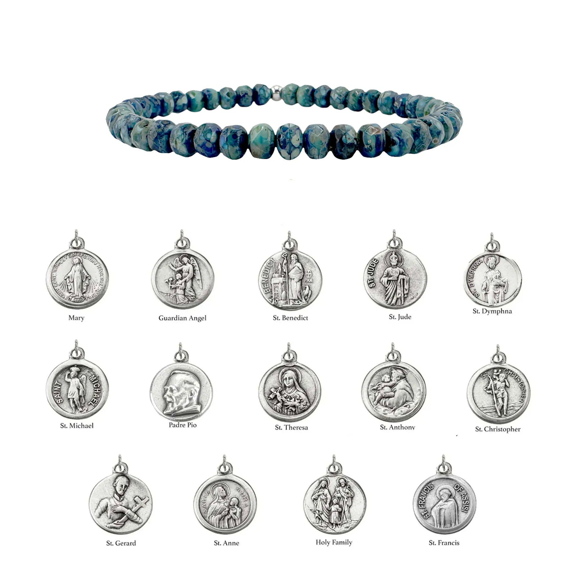 Blue beaded bracelet with silver religious medallions on a white background