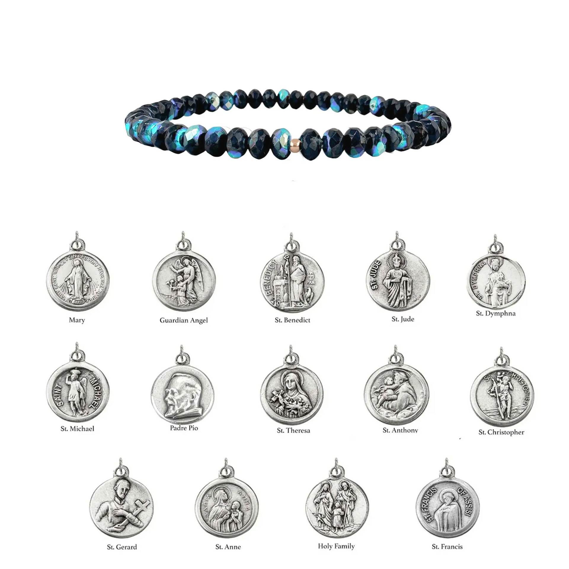 Bracelet with blue beads and various religious medallions on a white background