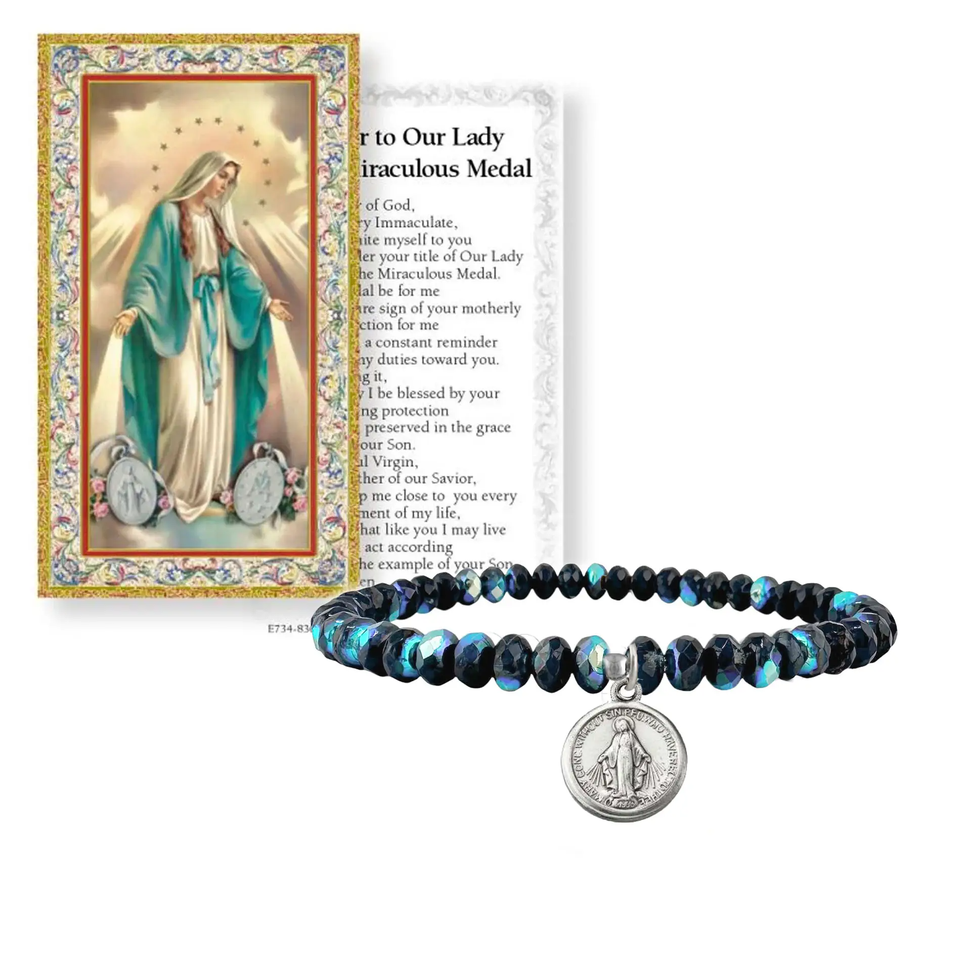 Blue beaded bracelet with miraculous medal charm next to a prayer card featuring a religious illustration.