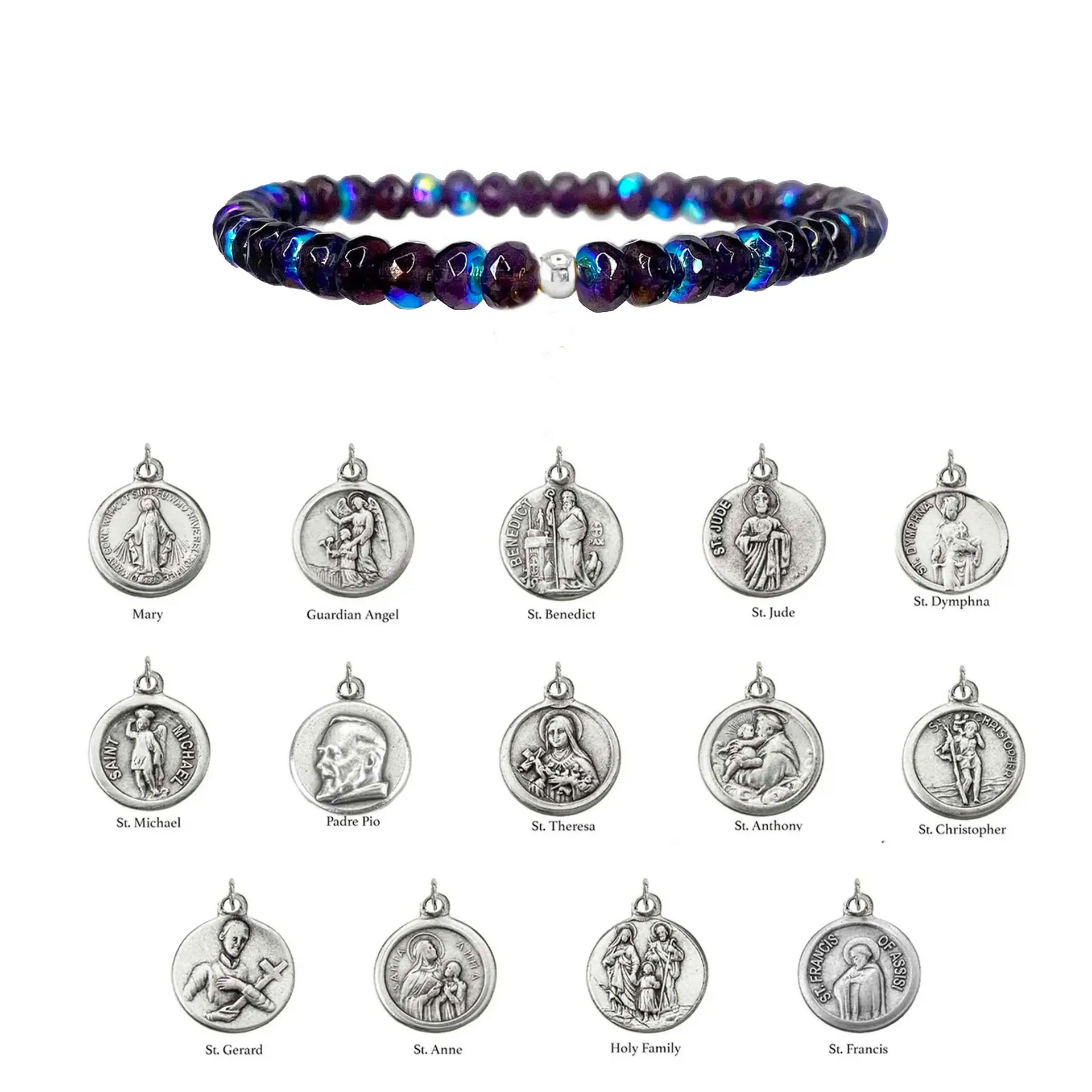 Multicolored beaded bracelet with silver religious medallions on a white background