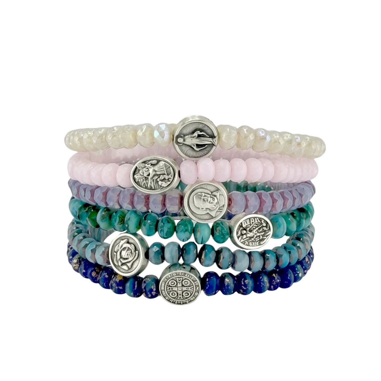 Love Lisa harper subliminal saint bracelet with faceted beaded stretch design and religious saint medallion