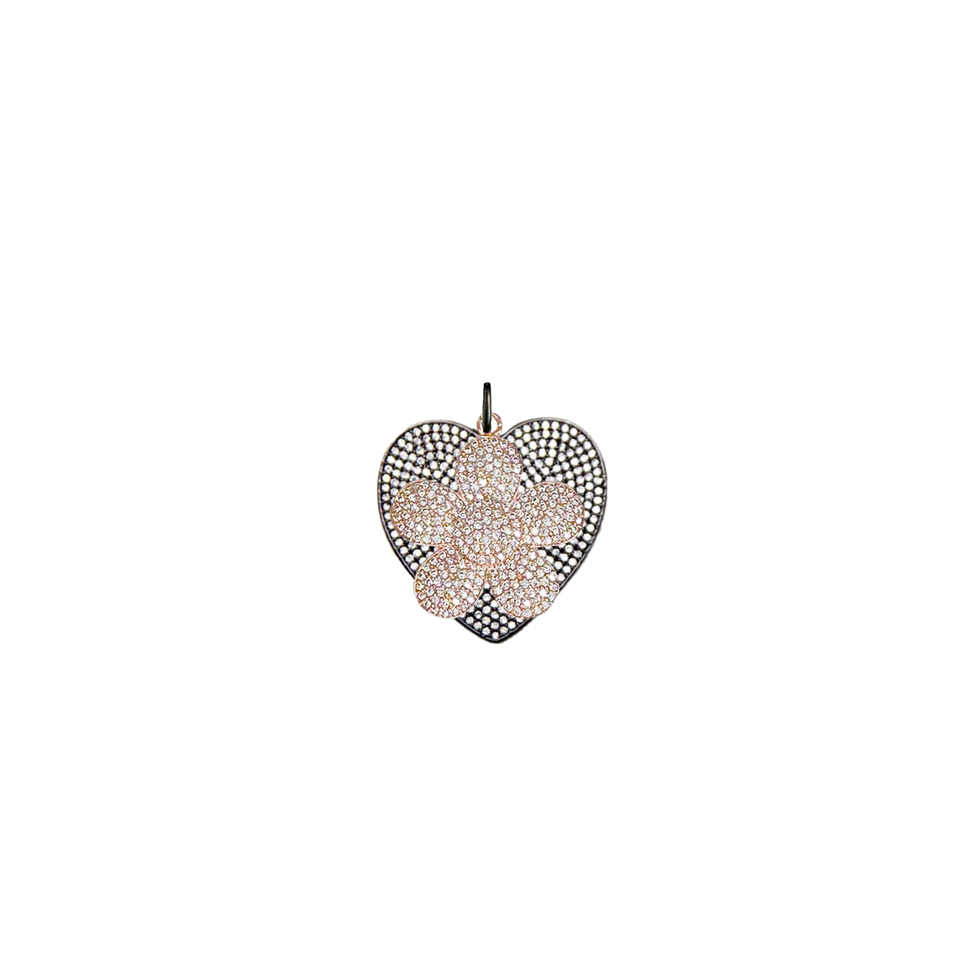 Heart Flower Pendant with Rose Gold Floral Layering on Gunmetal Heart Base