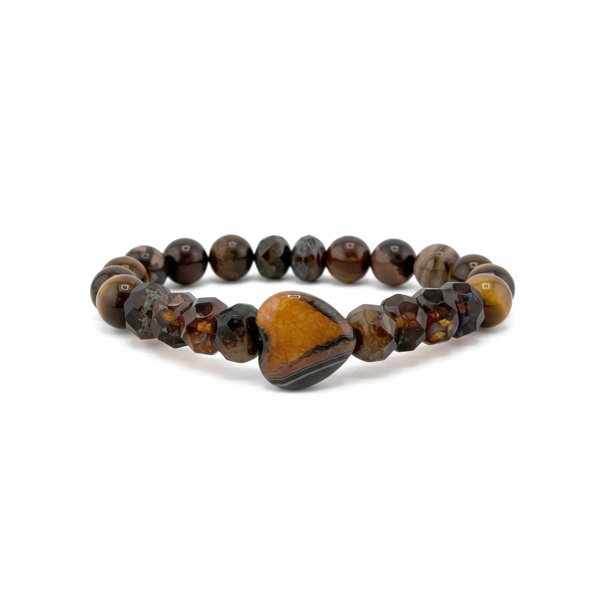 Love Lisa Heart Worry Stone Bracelet in brown gemstone beads with heart pendant for comfort, protection, and grounding energy