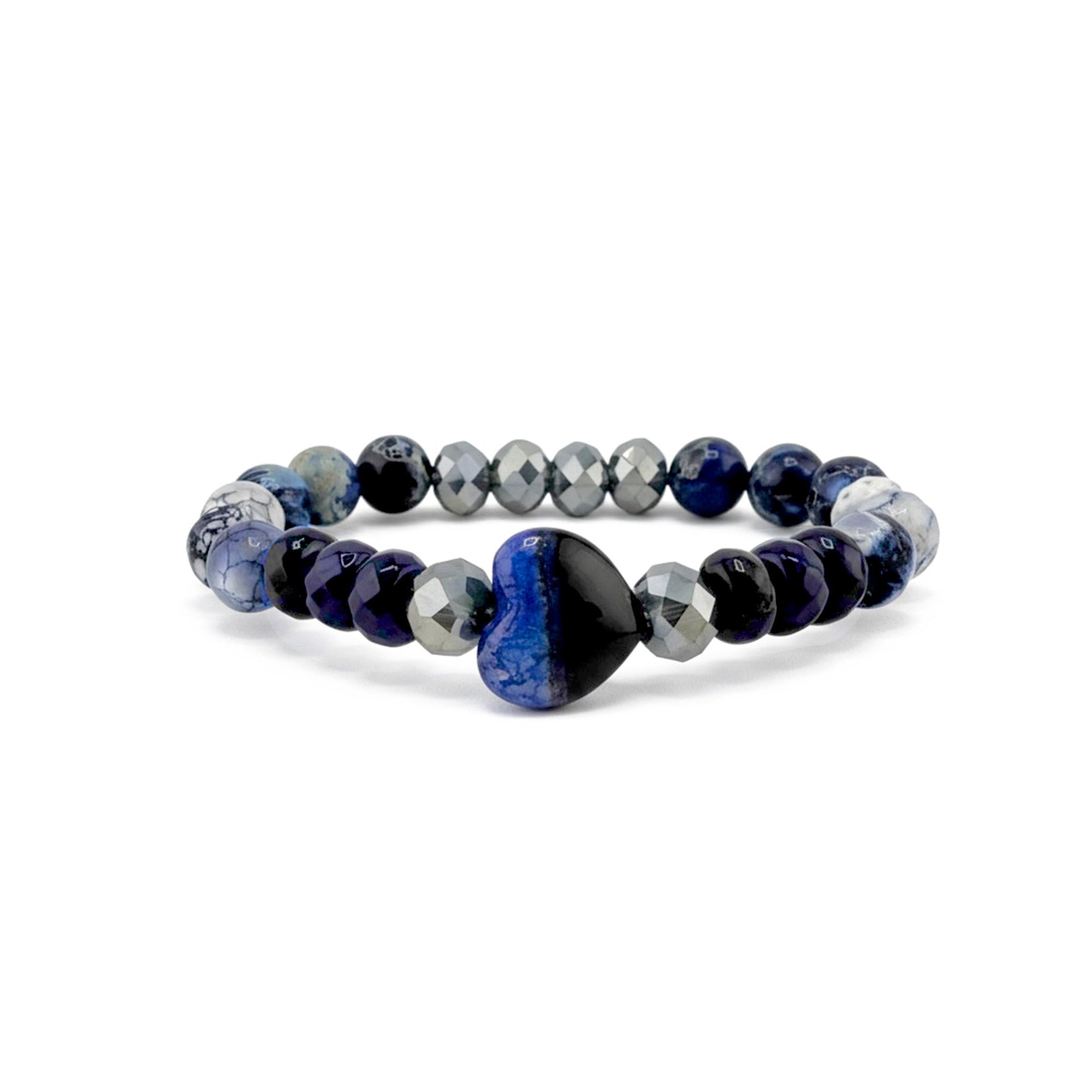 Love Lisa Heart Worry Stone Bracelet in navy blue gemstone beads featuring smooth heart charm for grounding and peace