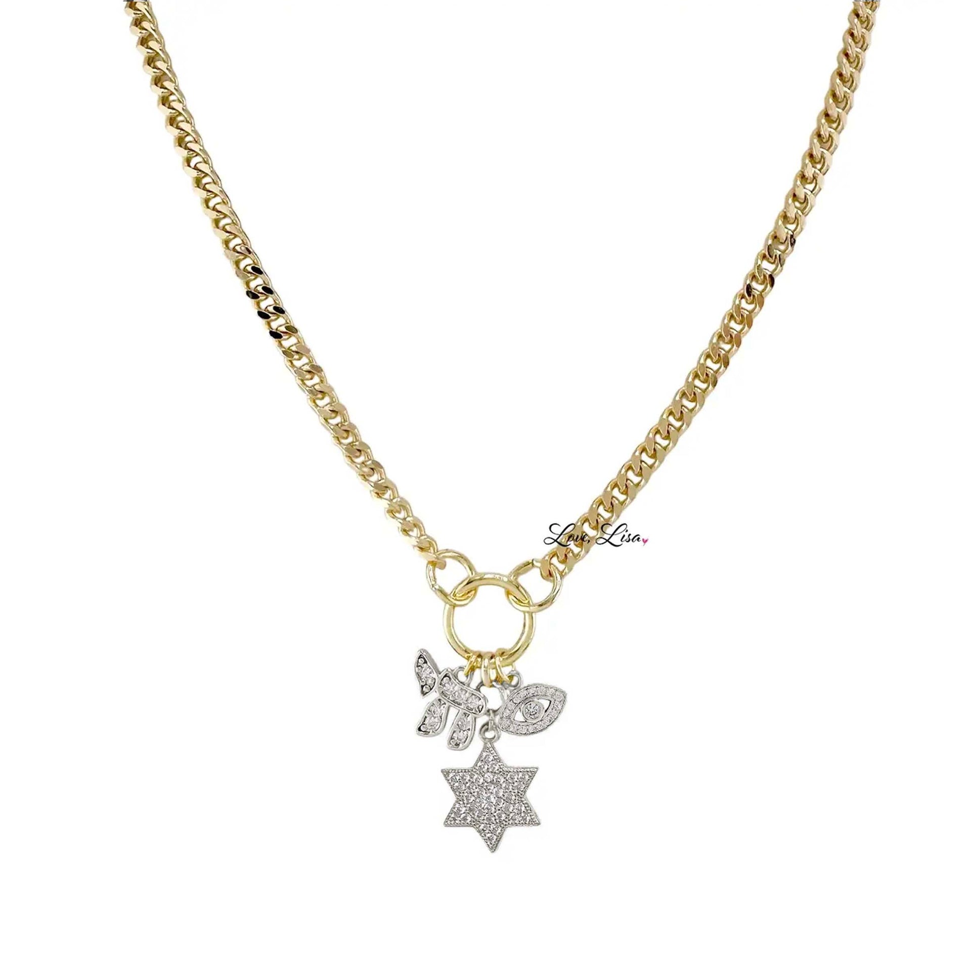 jewish charm necklace with a chai and star of david silver charms