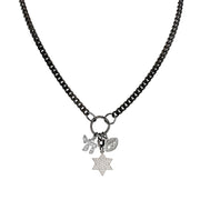 Gunmetal flat curb chain necklace with jewish charms