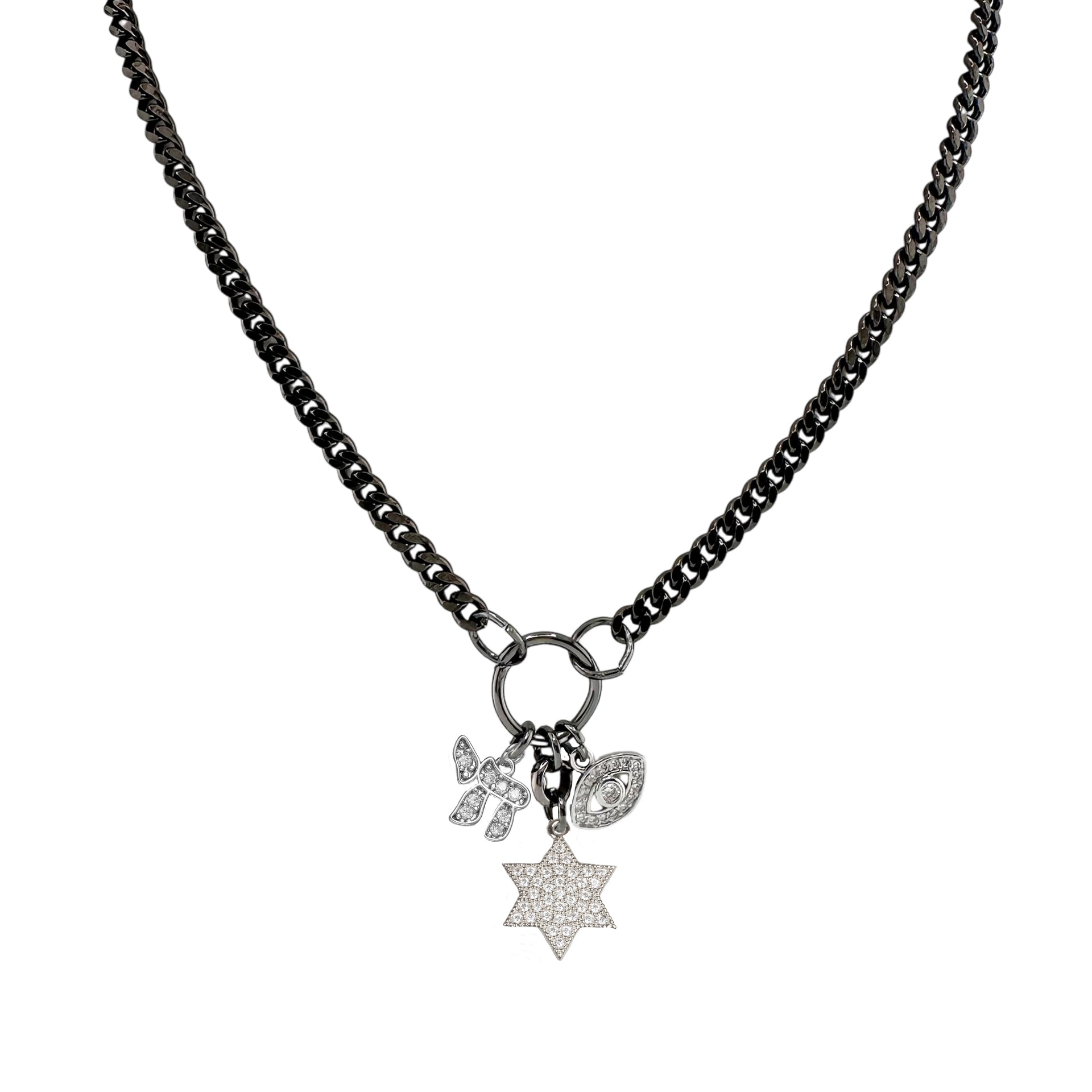 Gunmetal flat curb chain necklace with jewish charms