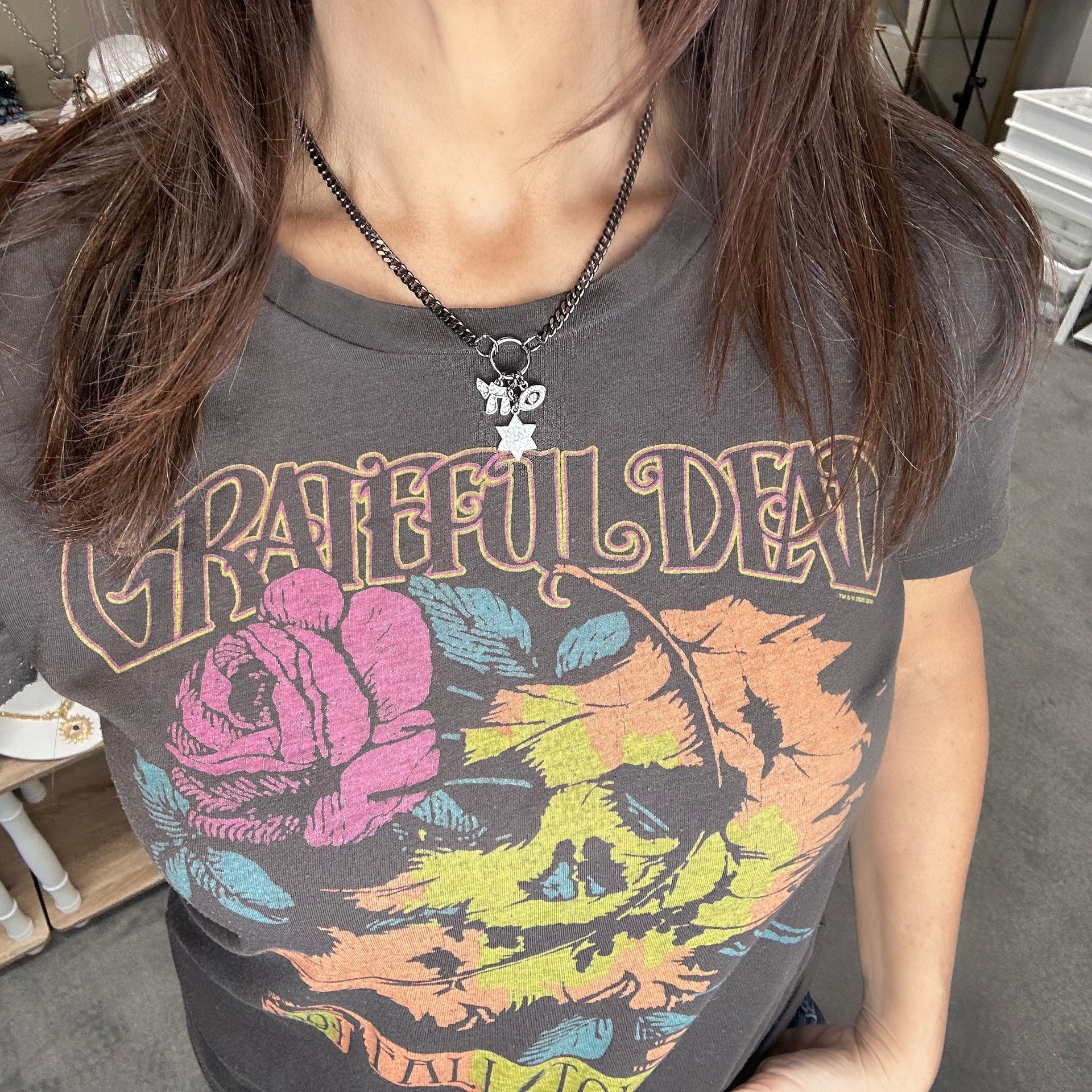 
Gunmetal curb chain necklace with star of david chai and evil eye charms