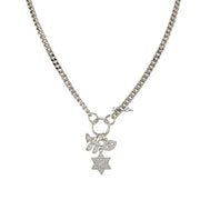 stacy silver chai necklace with a star of david and evil eye charms