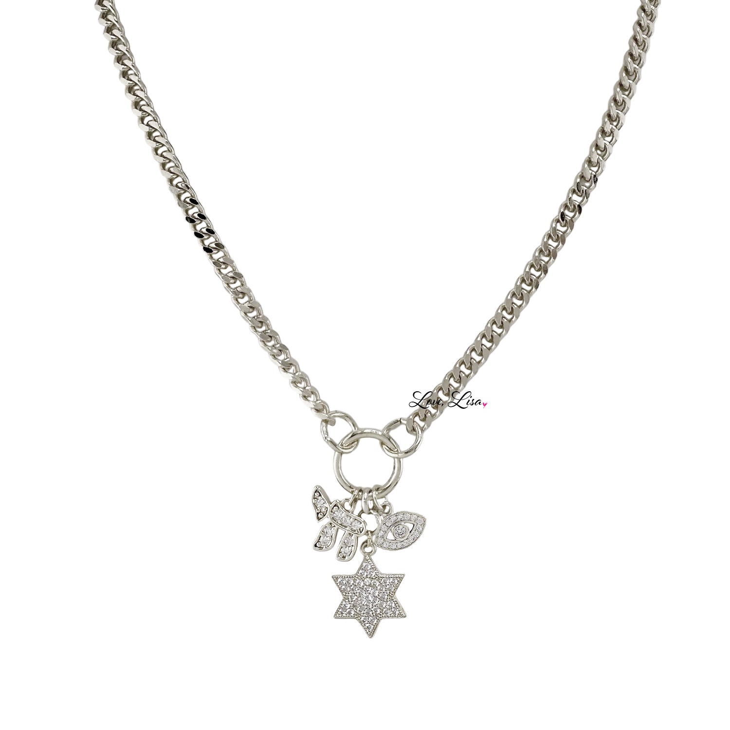 stacy silver chai necklace with a star of david and evil eye charms