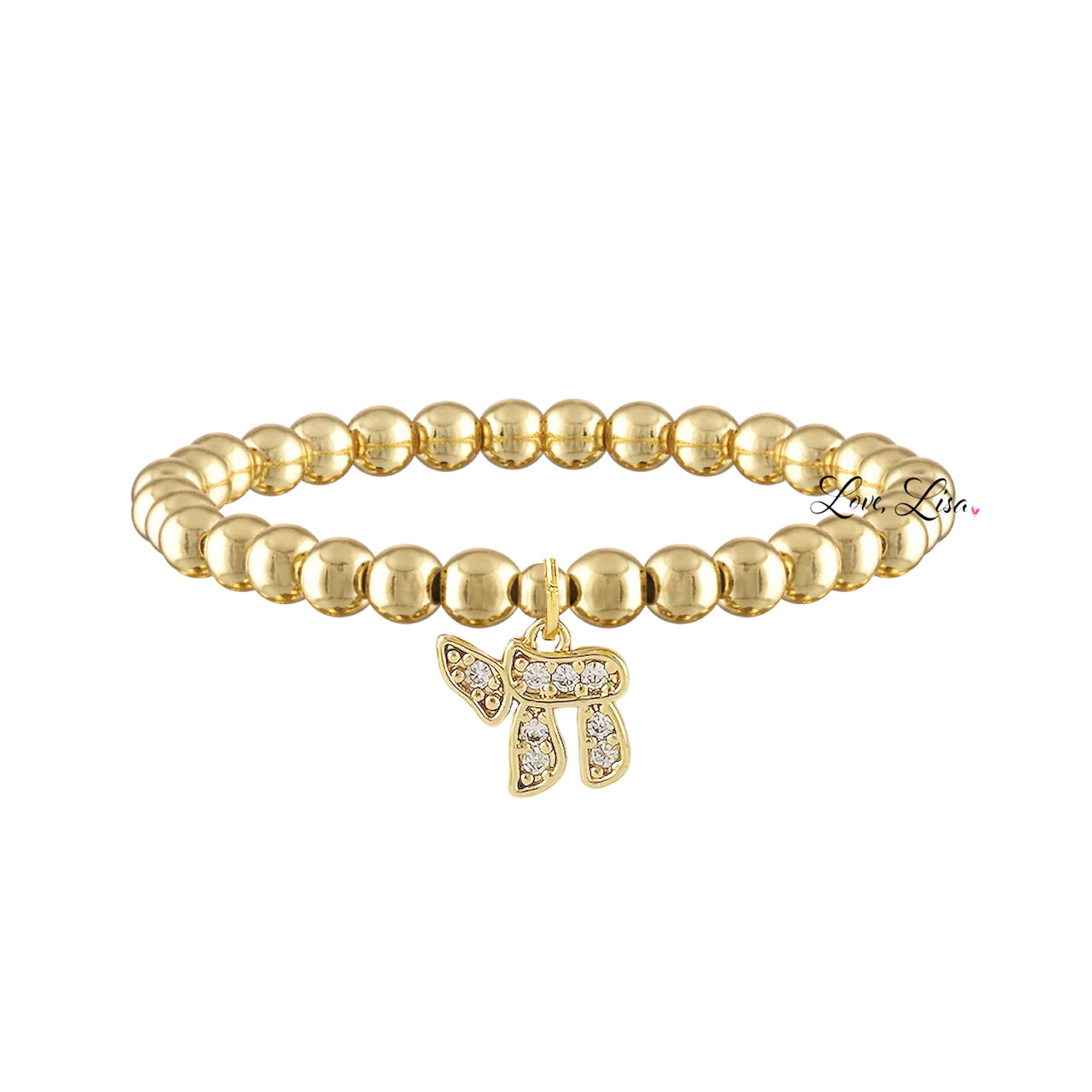 Gold beaded Chai bracelet with cubic zirconia charm Love Lisa