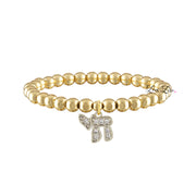 mixed gold and silver hebrew chai cz beaded bracelet with sparkling pave chai charm by Love Lisa jewelry