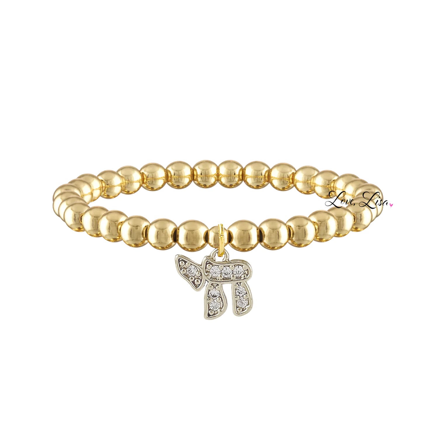 mixed gold and silver hebrew chai cz beaded bracelet with sparkling pave chai charm by Love Lisa jewelry