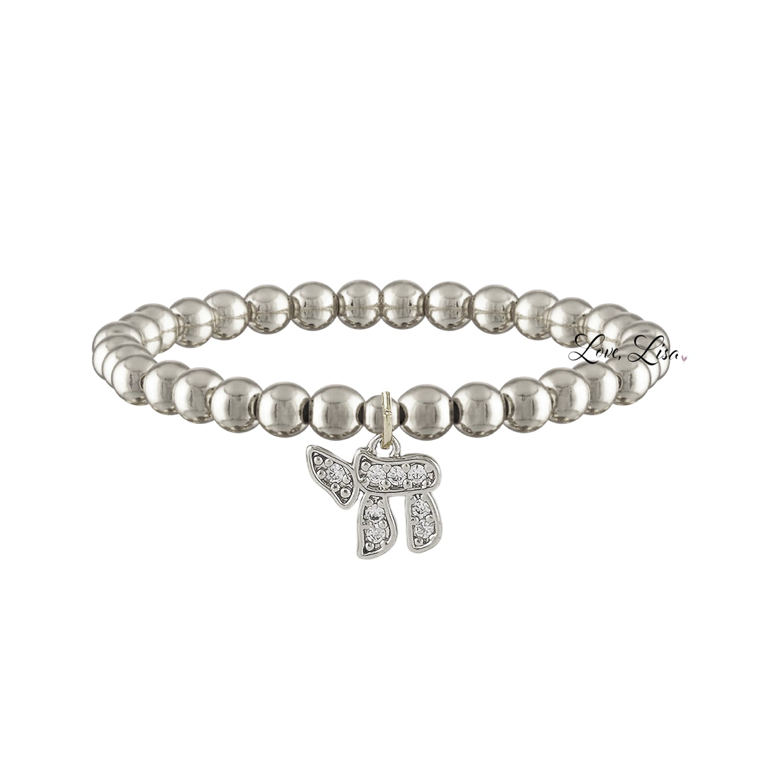silver hebrew chai cz beaded bracelet with pave chai charm and silver tone beads by Love Lisa