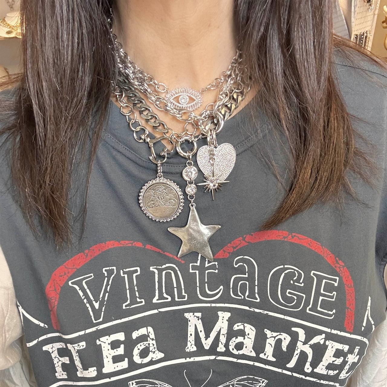 Love Lisa model wearing Heirloom Rose Coin Heart Necklace layered style