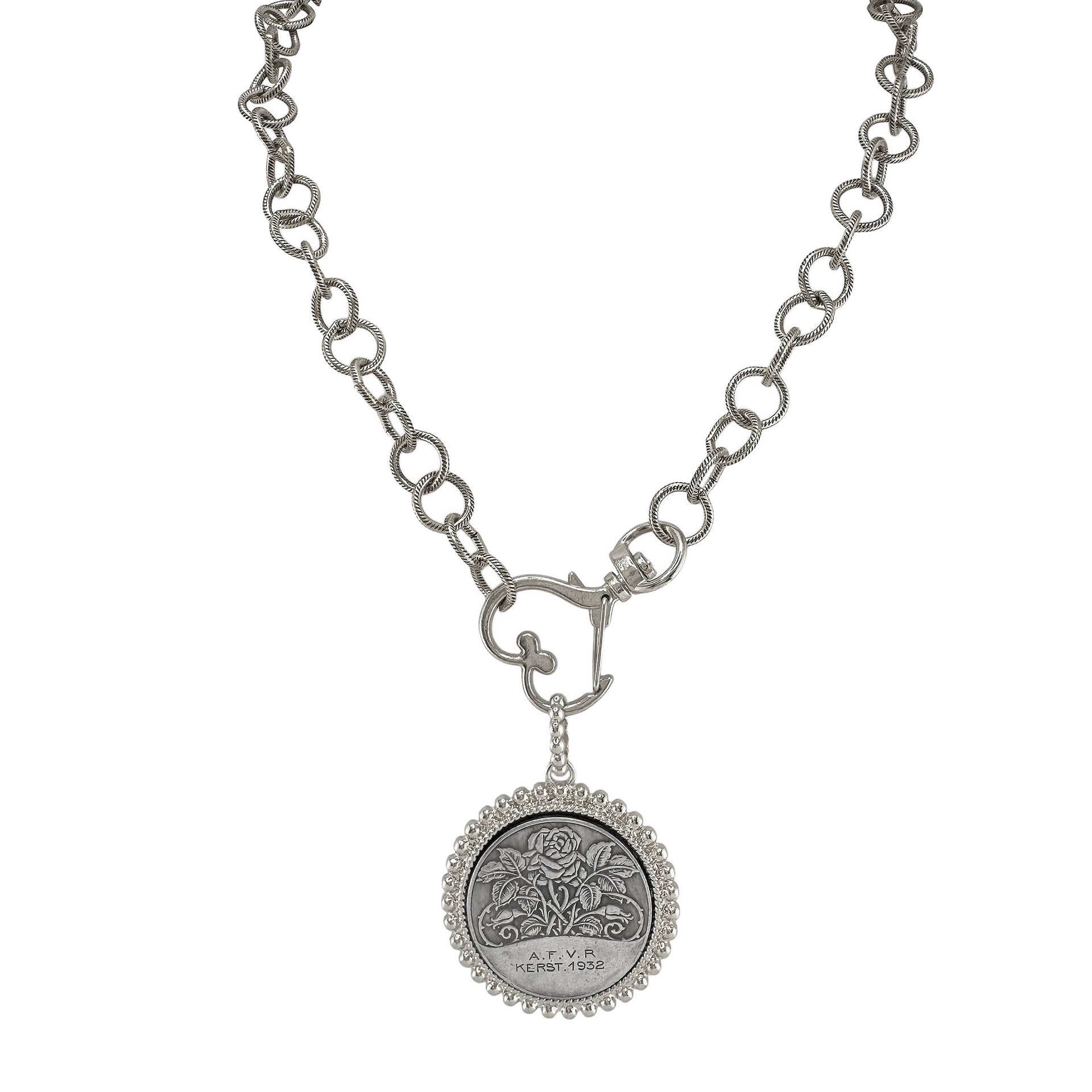 Heirloom Rose Coin Heart Necklace Silver Love Lisa rose medallion pendant