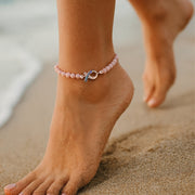 Love Lisa Hope Breast Cancer Awareness Pink Ribbon Anklet worn on ankle with soft pink beads and pink ribbon charm